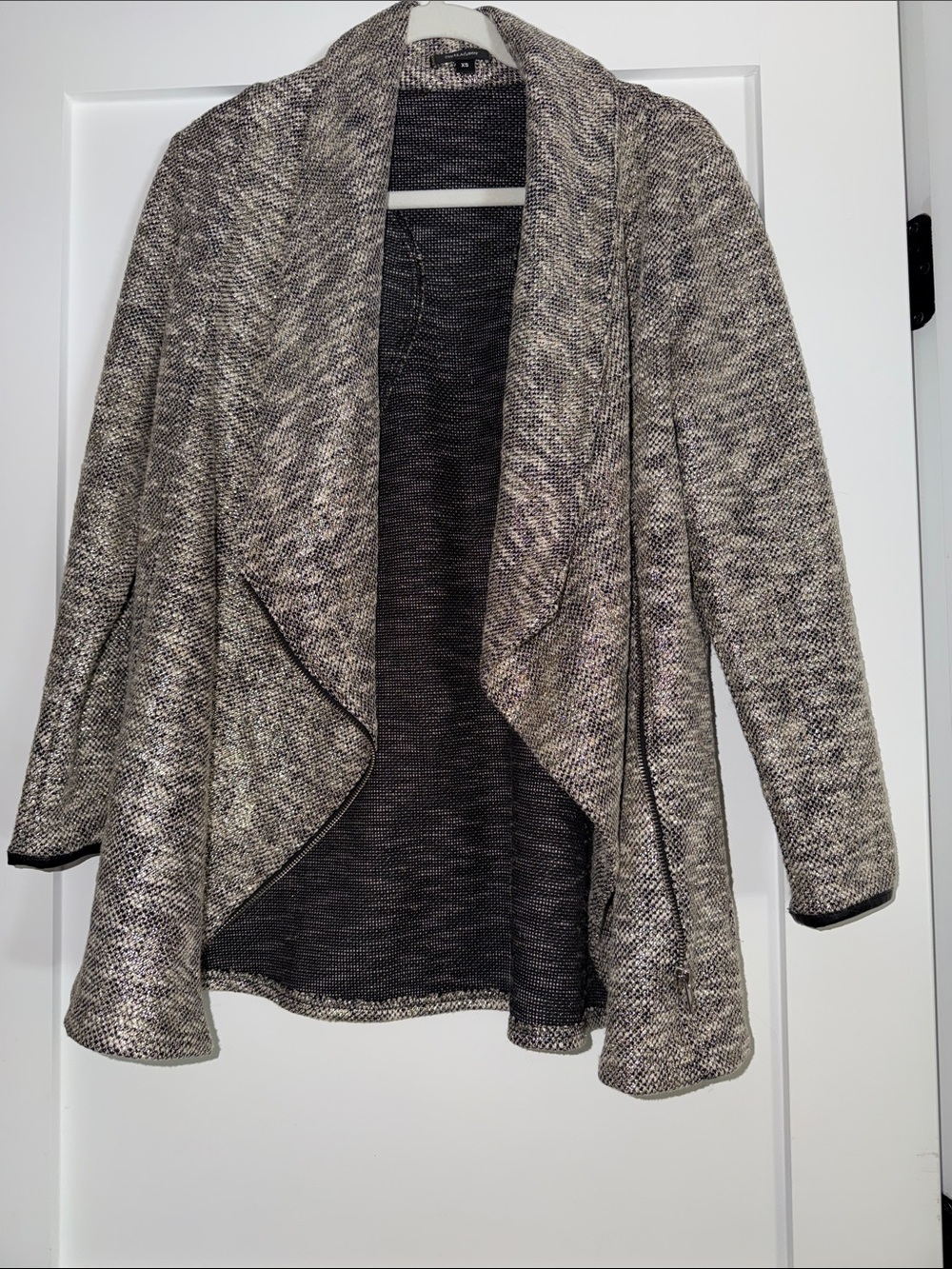 Stella & Dot Marled Black and Gray Draped Open-Front Cardigan